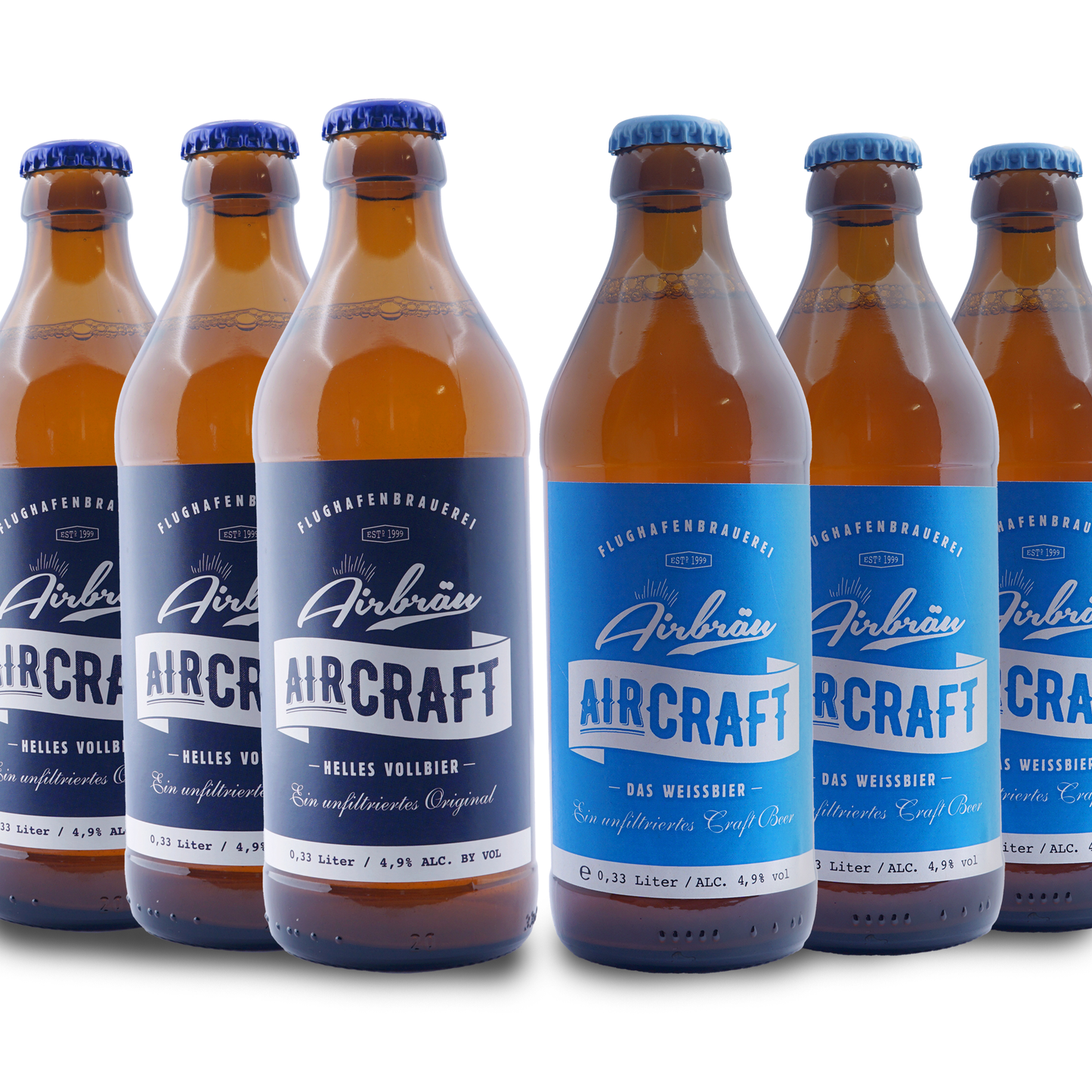 Sechs braune 0,33-Liter-Bierflaschen der Flughafenbrauerei Airbräu, je drei Flaschen Aircraft Helles Vollbier und Aircraft Weissbier mit blauem Etikett.