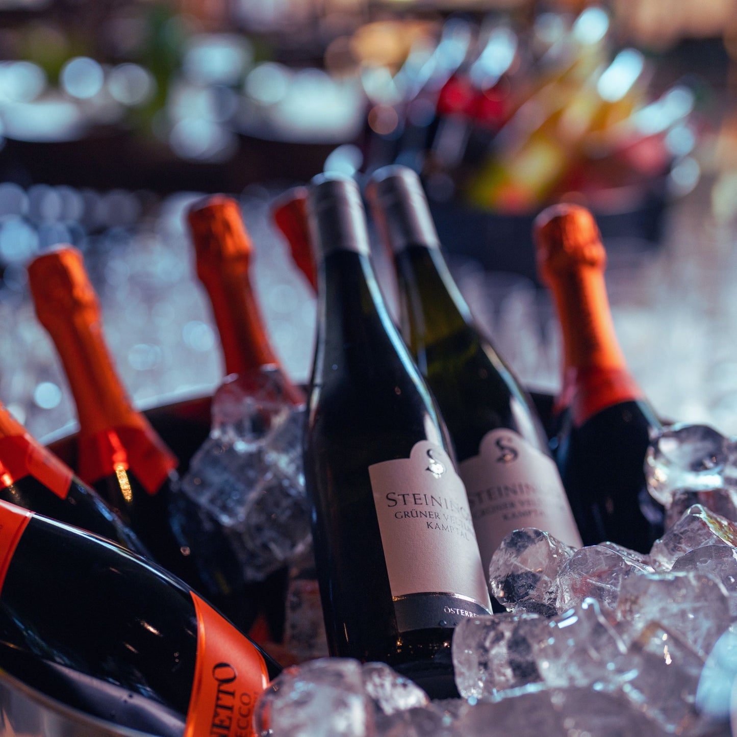 Mehrere Flaschen Wein und Prosecco in einer Schale mit Eis gekühlt.